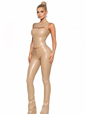 CouCoo Karakoram Women's L Faux Leather 2 PC Cutout Top & Bootcut Pants Set